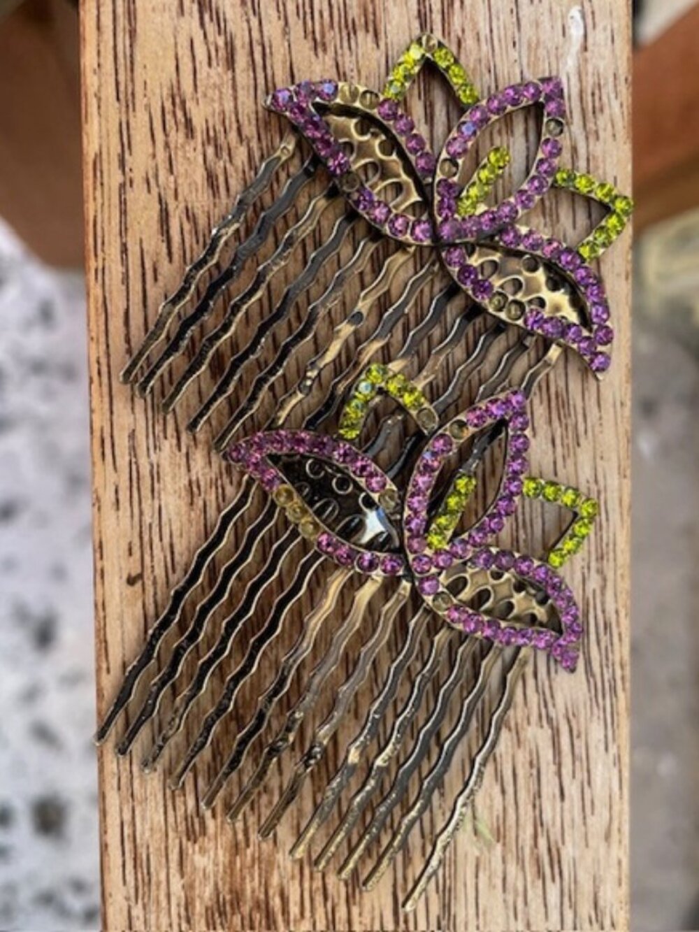 Purple & Green Rhinestone Decorative Metal Hair Combs